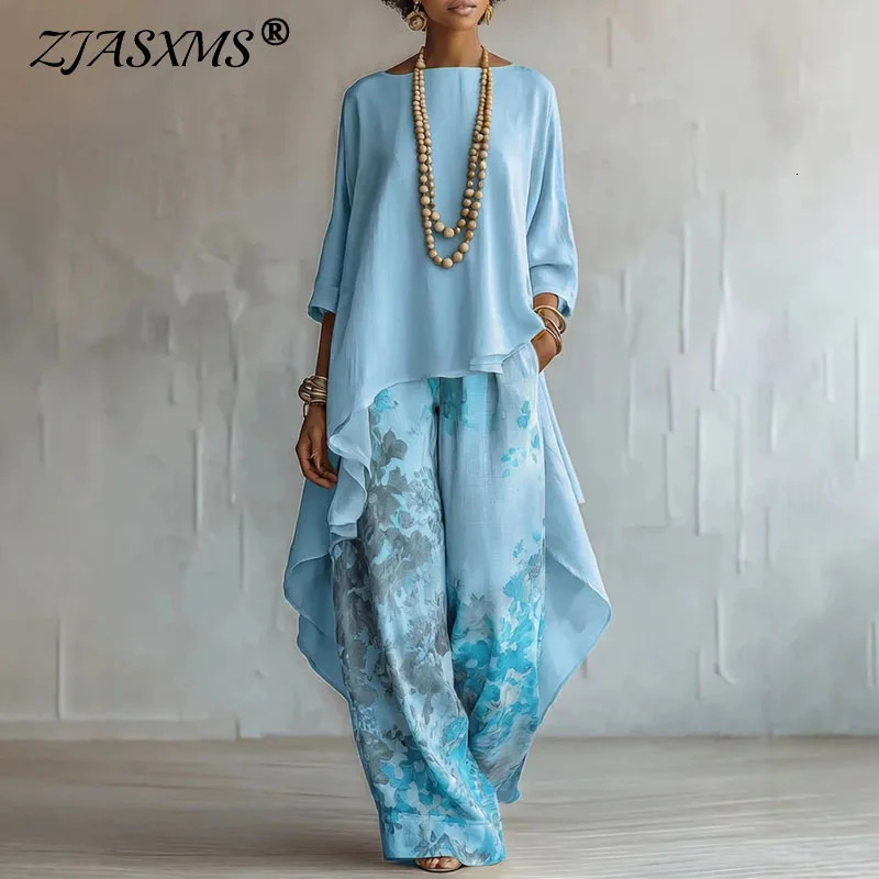 Boho 2 Piece Outfit for Women Spring Solid Asymmetrical Top and Floral Print Wide Leg Pants Suit 2026 Casual Summer Matching Set 260922