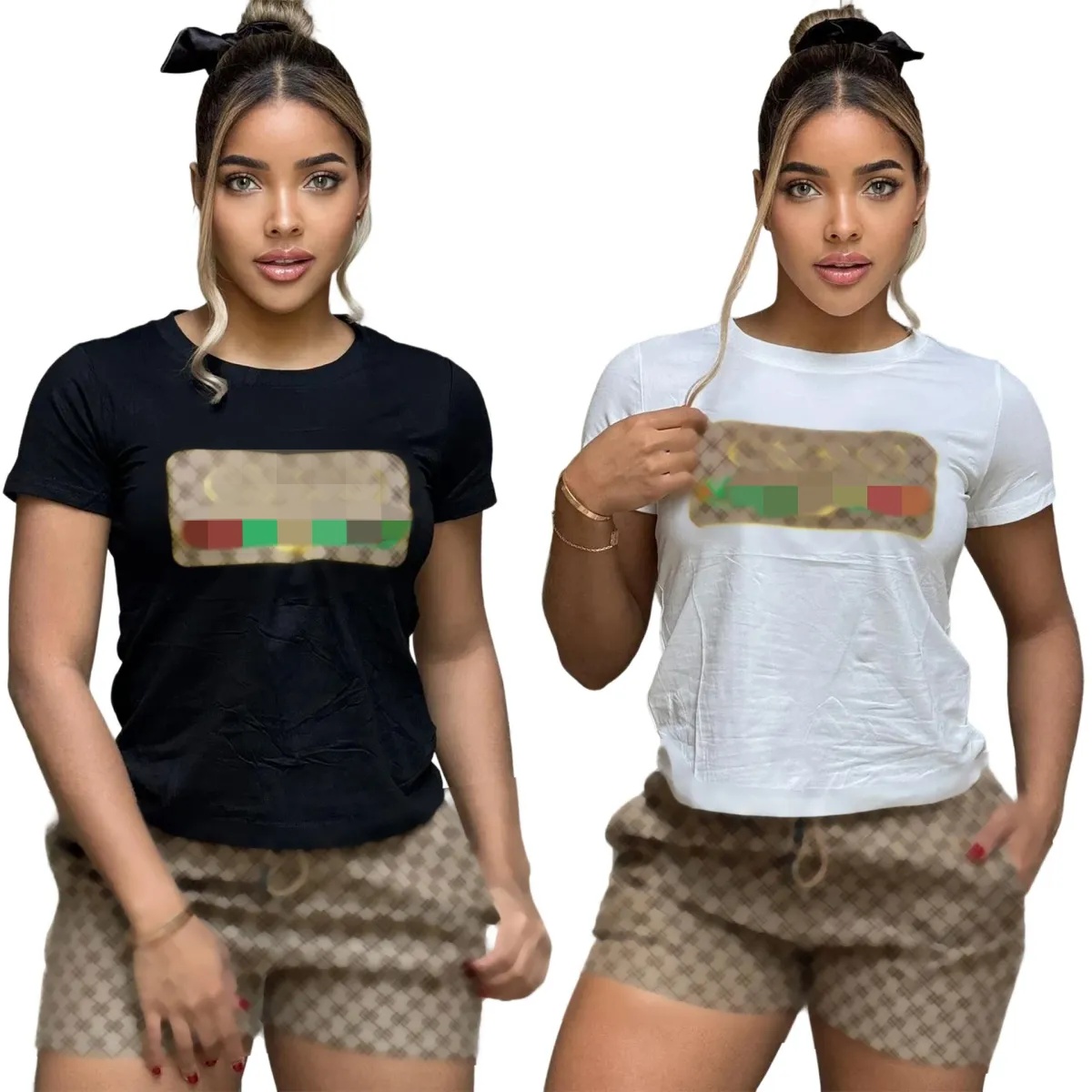 Women 2 Piece Casual Matching Outfit Crew Neck Short Sleeve Graphic Tee Drawstring Plaid Shorts Summer Set
