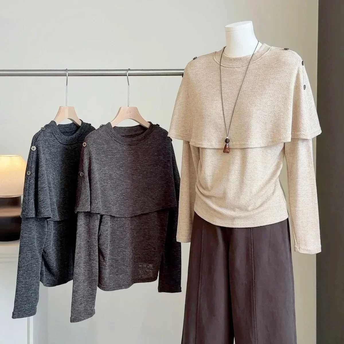 Women's Sweaters Seoulish Women Cape Knit Sweaters Autumn New Slim Fit Fake Two Piece Pullover Casual Inner Wear Basic Bottoming Knitted Tops H