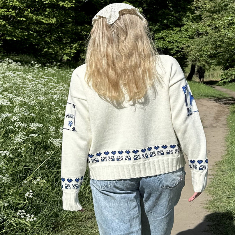Fashion Blue Jacquard Cardigan Womens Long Sleeve Stand Collar Zipper Knitted Sweater 2026 Autumn Lady Casual Outerwear 260907