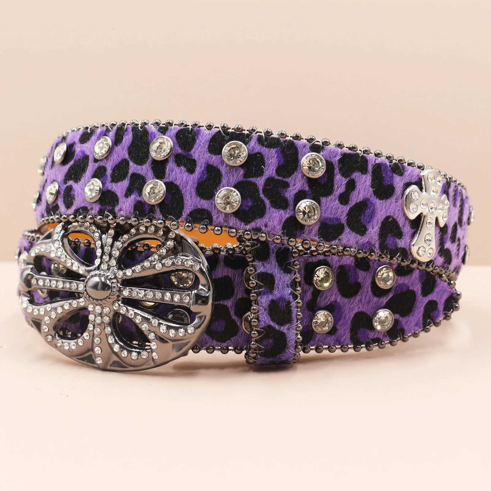 Purple leopard pattern Women's Belts Jeans Rhinestone Large Size Belt Men's Belt Western Denim Leather HipHop Punk Rock Y2K Style Belt N26