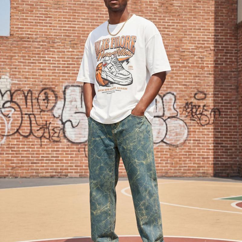 Mens Greenish Blue Crack Pattern Denim Pants Mid Waist Faded Crackle Wash Loose Baggy Fit Classic Five Pockets Casual Long Jeans