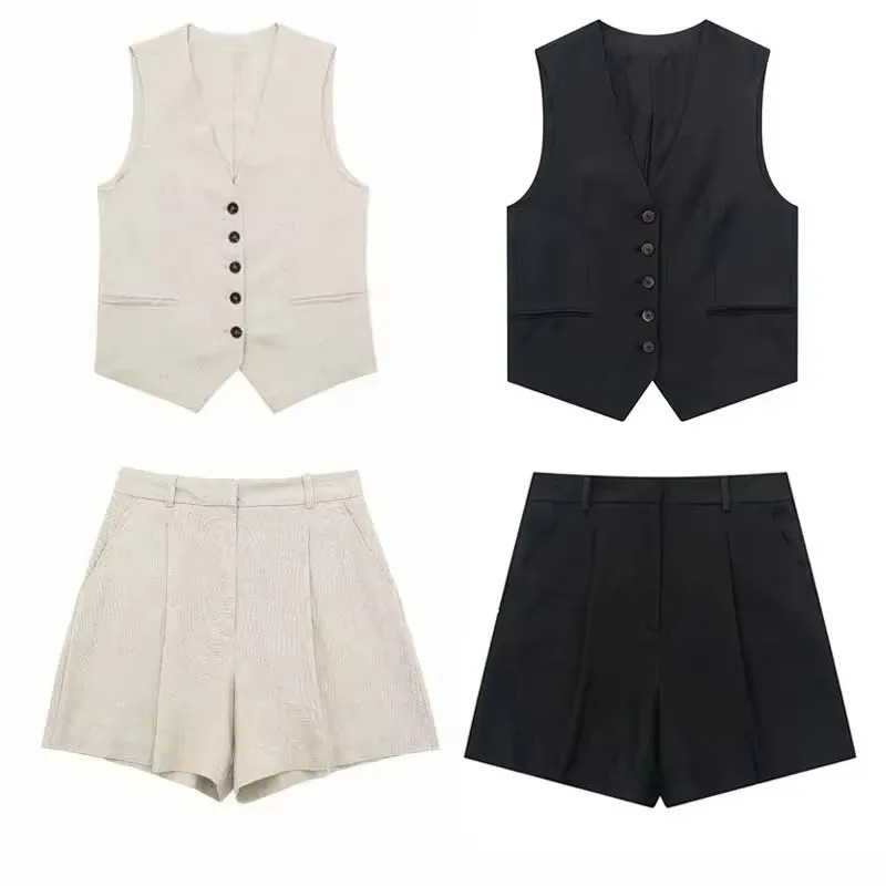 HH Summer Women Casual Vintage Solid Pant Suit Button Waistcoat Vest Top High Waist Shorts Sets Linen Clothing Woman 260923