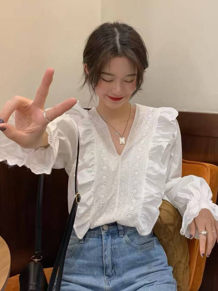 Elegant V-Neck Lace Trim Blouse Women's Spring Summer Design Sensation Gauze Shirt Court Style Top Loose Fit Long Sleeve
