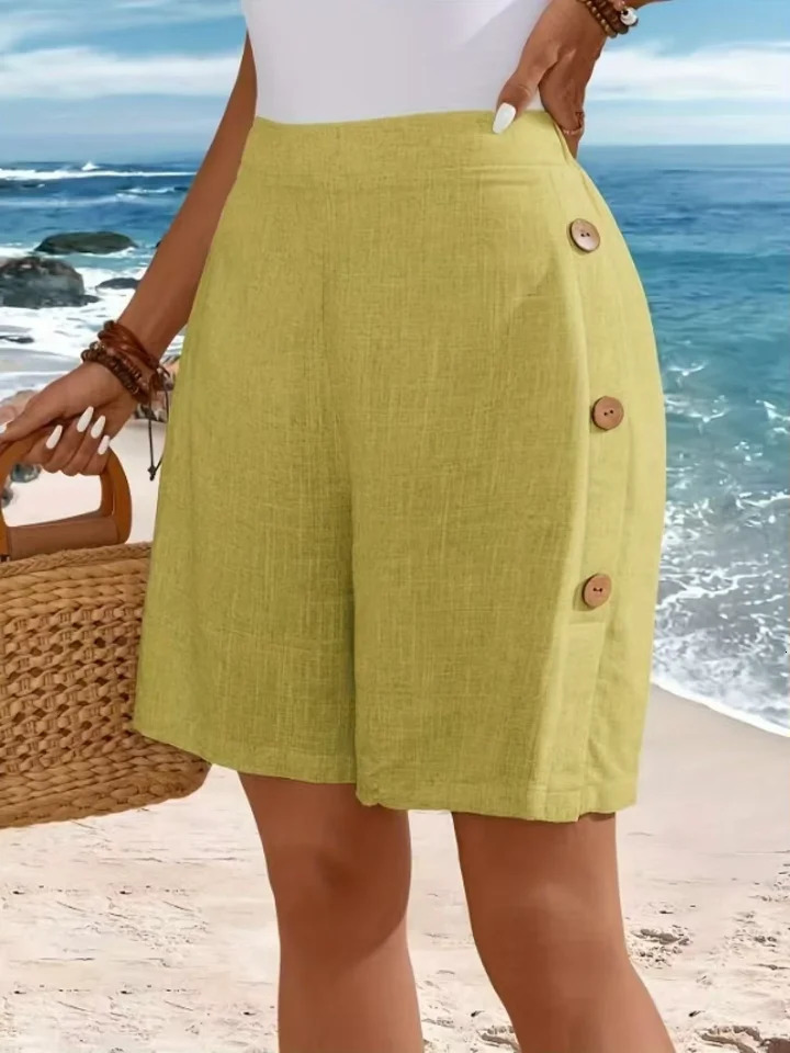 2026 Summer Casual Buttoned Linen Shorts Womens Fashionable and Comfortable Beach Pants 260928