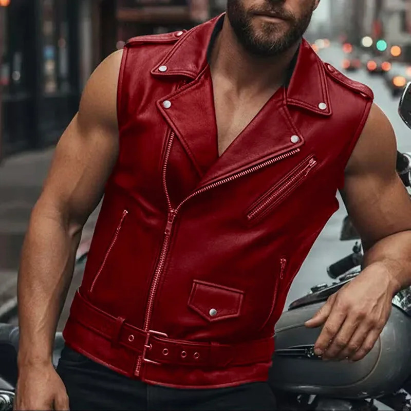 men's PU leather motorcycle riding jacket with a fitted collar and zipper-style front - a punk style n. 260923