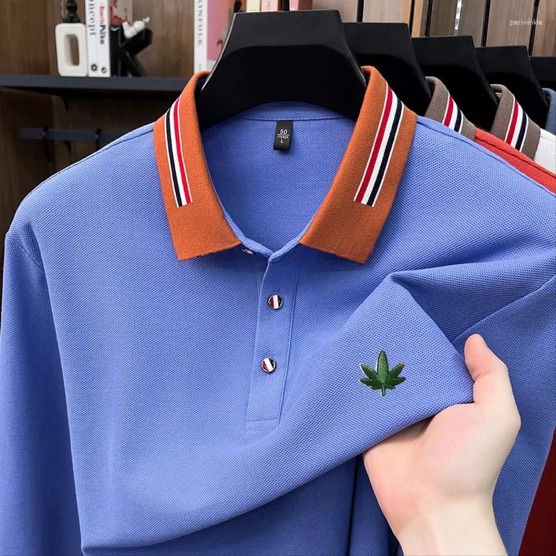 Cotton Man Long-Sleeved Polo Shirt Lapel Button Color Blocking Leaf Embroidery Autumn Leisure Men's Clothing