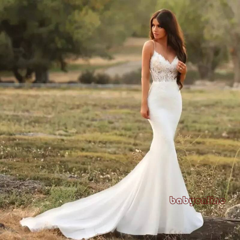 Mermaid Wedding Dress Summer Garden Beach Boho Lace Spaghetti Strap Open Back Zip Up Bridal Gown Modest Stain Beach vestido de noiva customize