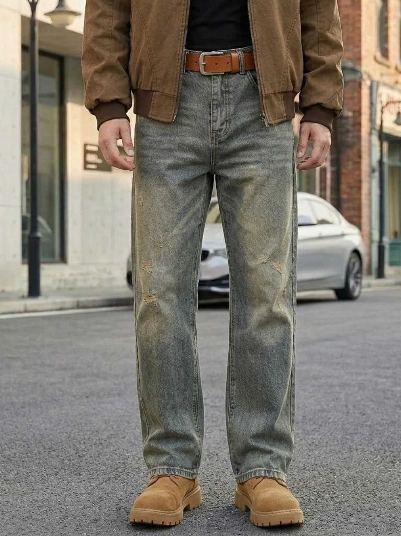 HMEMens Jeans Retro American Style Denim Pants Men Back Elastic Waist Vintage Washed Denim Trousers Gentle Wornin Abrasion Detail Relaxed WideLeg Ve
