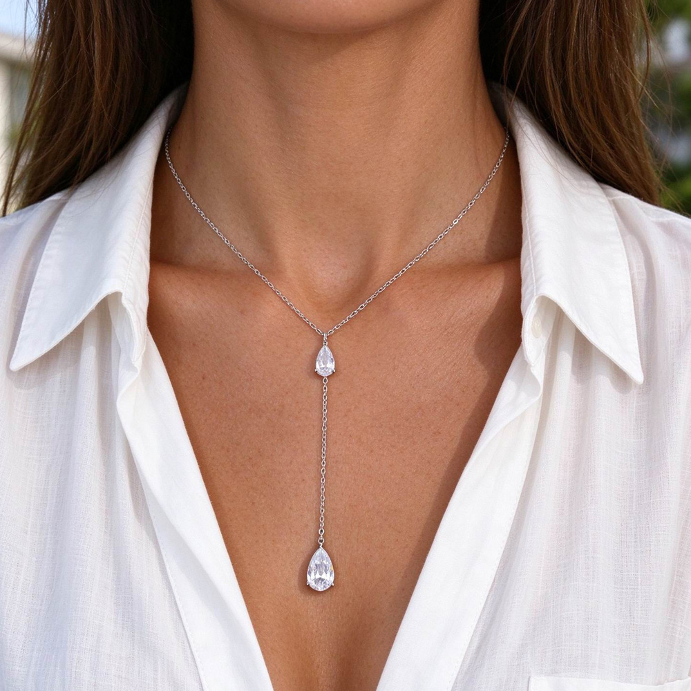 Exquisite Elegant Long Y Shaped Choker Necklace Paved Bling Water Drop For Women Engage Wedding Statement Fashion Jewelry