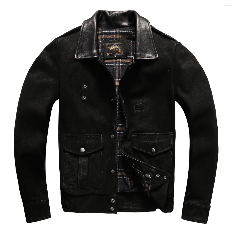 Black Winter Leather Jacket Men Retro Style Plus Size 6XL Genuine Natural Thick Cow Suede Warm Turn-Down Collar Coat