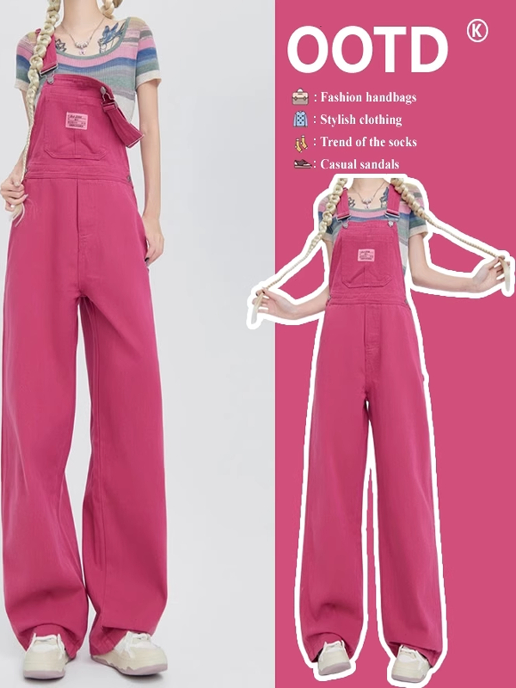 Raspberry Pink Denim Overalls Women's Spring Summer New Style High Waist Wide Leg Floor Length Casual Jeans