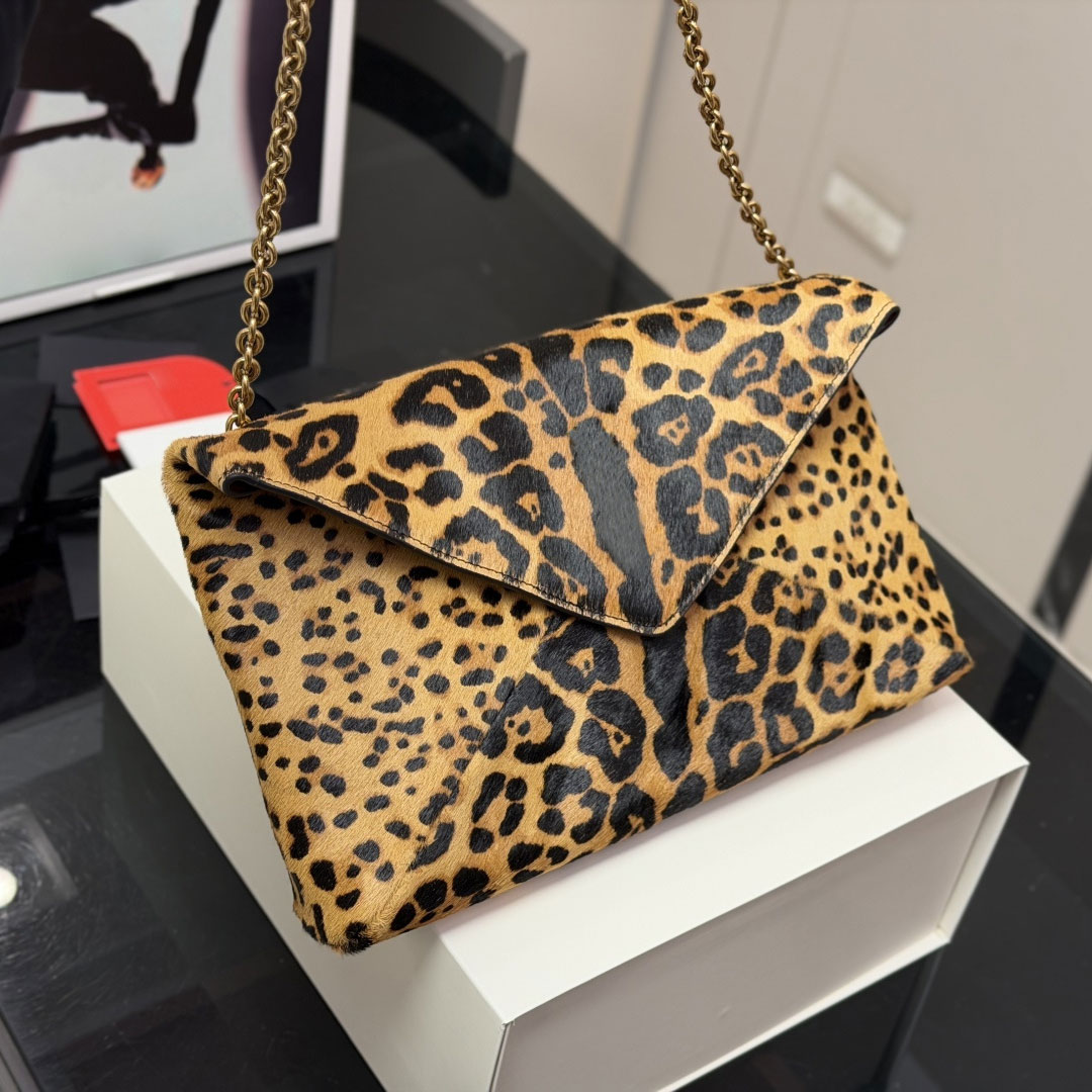 Luxury Pony Hair Leopard Print Envelope Bag 29.17cm Soft Leather Magnetic Flap Chain Crossbody Purse Top Quality Designer Bags Large Evening Clutch