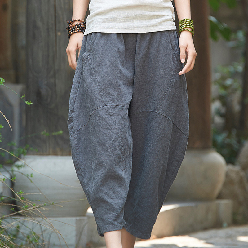 Johnature 2025 Summer Autumn Loose Vintage New Women Solid Color Elastic Waist Pockets Ramie Ankle-Length Pants