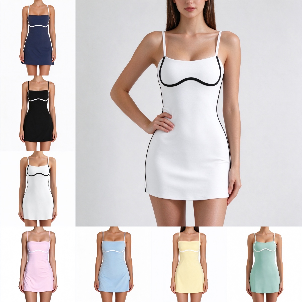 Women's Black Tennis Dress Spaghetti Strap Square Neck Bodycon Mini Dress Summer Sporty Casual Golf Outfit