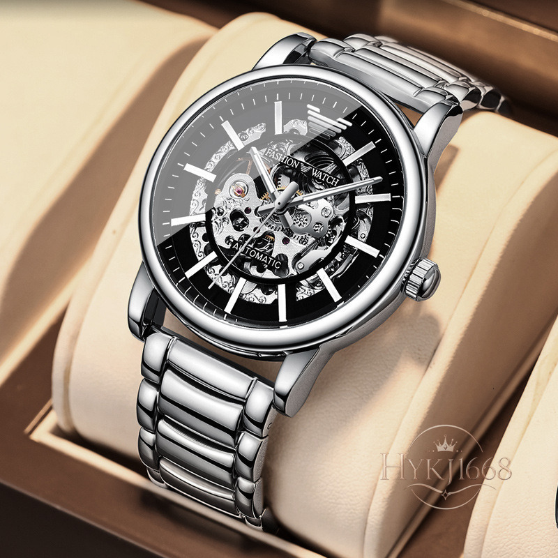 Men's Skeleton Automatic Mechanical Watch, Round Case, Open-Work Dial, Steel Bracelet or Leather Strap, Water-Resistant