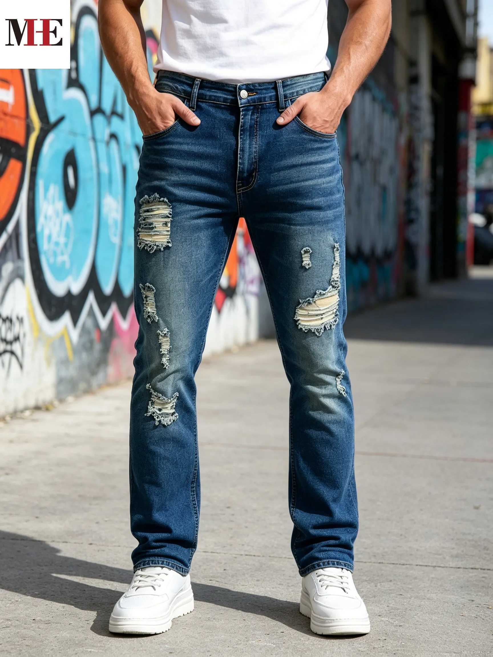 HMEMens Jeans Classic FivePocket Straight Leg Denim Pants with Natural Faded Whisker Craft and Distressed Frayed Decoration Soft Stretch Denim Textu