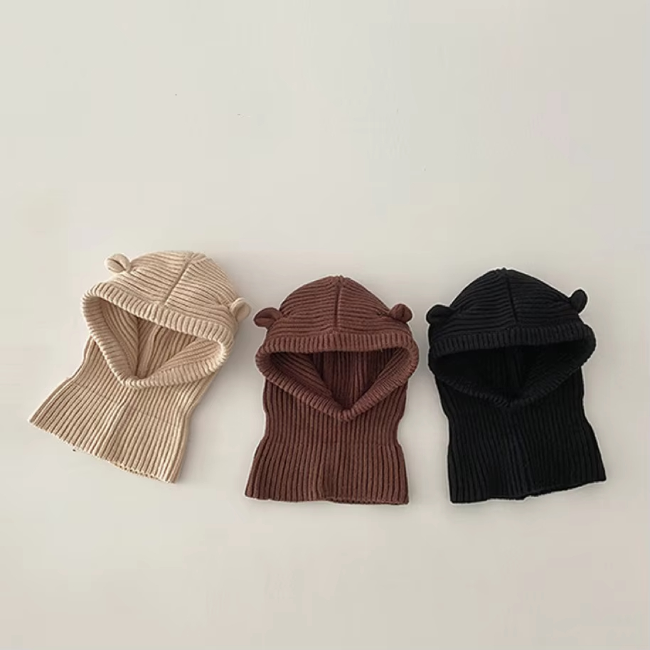Cute Baby Knit Hat Scarf Winter Autumn Warm Kids Beanie Cap Solid Color Cartoon Ears Toddler Girls Boys Balaclava Hats
