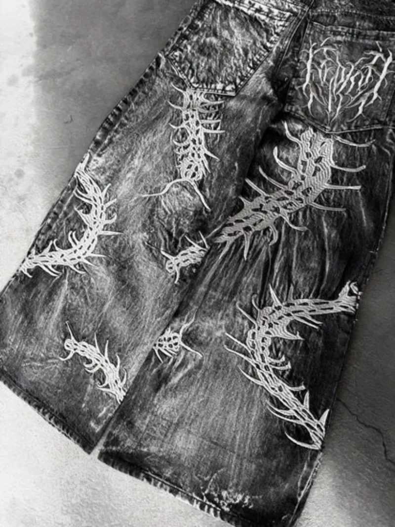 Y2K New Retro Centipede Embroidery Pattern Washed Oversized Wide-Leg Pants Street Gothic Harajuku Floor Pants For Men and Women S260924NV57