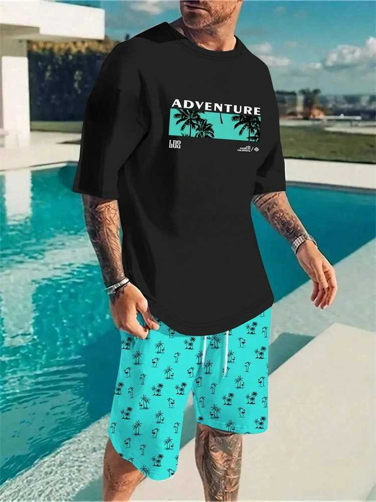 2024 Trendy Summer Hawaiian Coconut Print Men's Suit Men's Street T-Shirt Shorts Two-Piece 3D Short-Sleeved Breathable Tracksuit T260924
