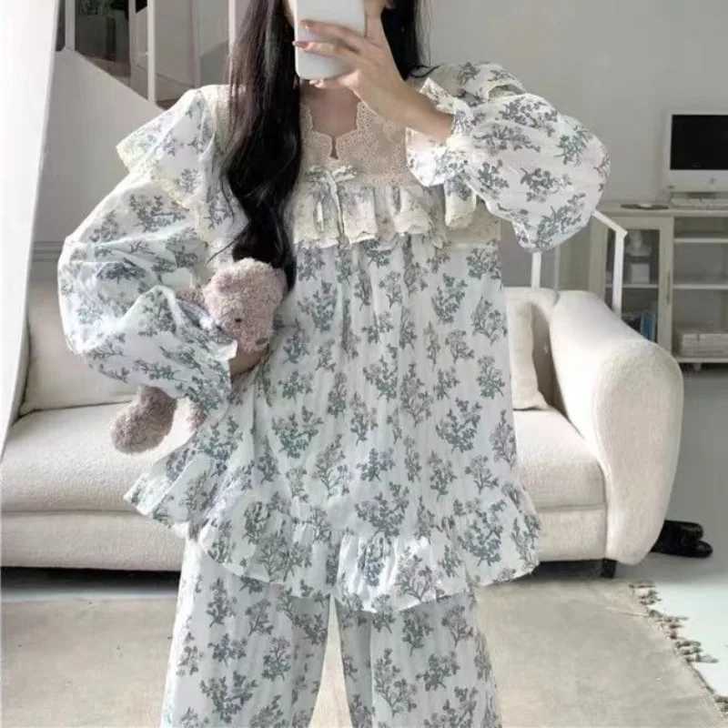 Women's Sleep Lounge New Sweet Princess Style Pajamas Women's Autumn and Winter Lace Side Nightdress Long Sleeve Trousers Loungewear Loose