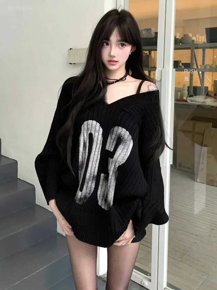 Women's Sweaters Casual Grunge Harajuku Knitted Sweaters 2026 Off Shoulder BlaCK Letter Jumpers Y2k AesTHetic Vintage Loose Pullovers H260923