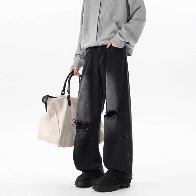 Men's Jeans Autumn High Street Fashion Straight Denim Pants For Men Solid Color Hole Design Vintage Jean Hip Hop Ripped Y2K Baggy Jeans H260924