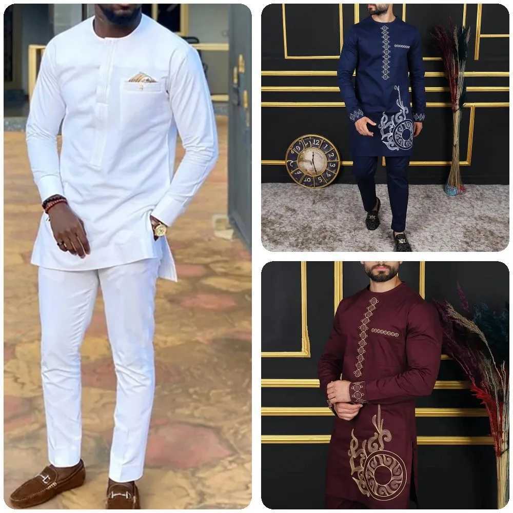2025 African Men Dashiki Long Sleeve 2 Piece Set Traditional Outfit Africa Clothing White Men's Suit Male Shirt Pants Suits T260924