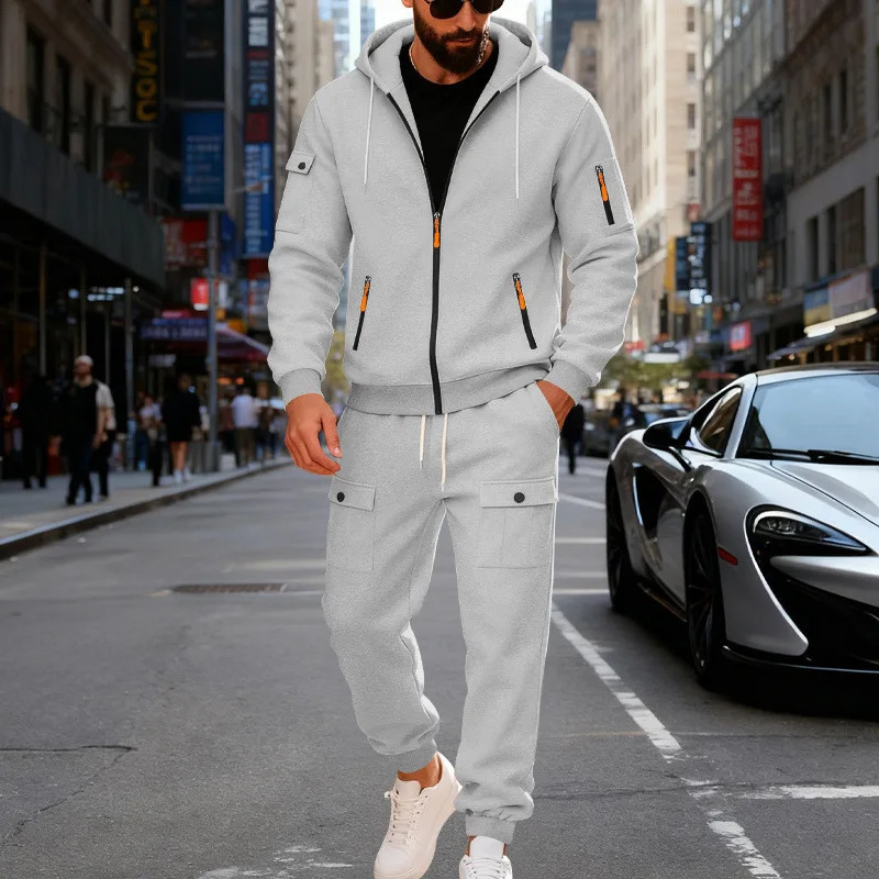 Autumn and Winter Men's Velvet Loose Casual Tooling Outdoor Sports Fashion Hooded Sweater Set 260923
