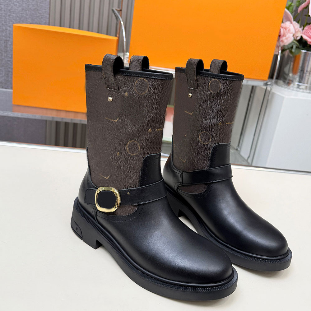 Womens Designer Full Grain Leather Boots Ankle Boot Side With Logo Metal Buckle Knight Boots Flat Classic Fashion Brand Autumn Winter Boots Leather