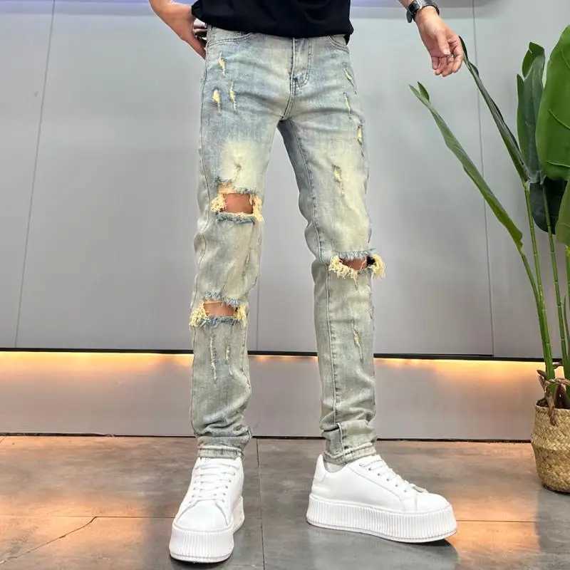 Knees Ripped Jeans Men's Trendy Brand Thin Summer Handsome Retro Old Slim-fitting Small Feet Trousers Streetwear Cargo Pants Men S260924S97W