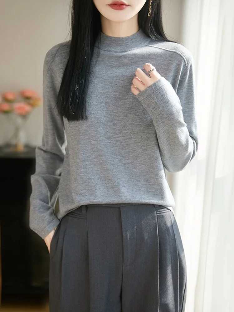 Women's Sweaters Elegant Semi-High Collar Thin Knitted Sweater Long Sleeve Versatile Lightweight Base Layer Commute Color Knitwear H260923