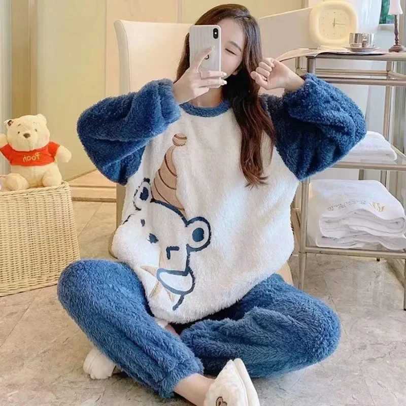 Sleep Lounge Women's Thickened Warm Flannel Womens Sleepwear Coral Velvet Pajamas Winter Cute Cartoon Bear Padded Two Sets Girl Nightwear Loung