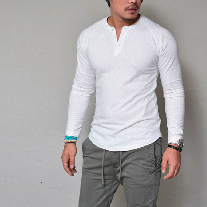 Men Button O-Neck Long Sleeve Slim Solid T-shirt Summer Oversized S-3XL Male Tee Tops HTZ-A041