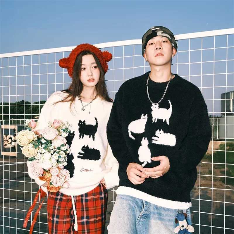 Sweaters Winter Men's Cartoon Cat Knitted Sweaters For Men Y2K Vintage Pullovers Knitwear Women Woollen Jumpers Streetwear Christmas Sweater C2