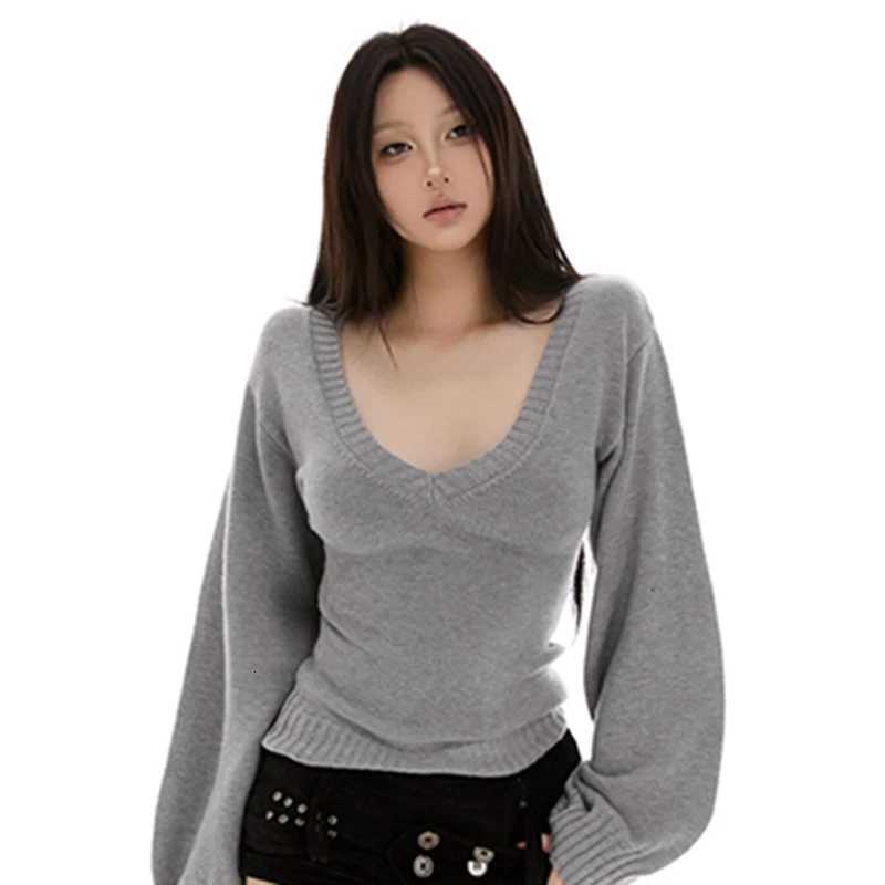 Women's Sweaters Streetwear Sweater Women Fashion Sexy V Neck Knitted Pullovers Y2K Korean Lantern Long Sleeve Knitwears Autumn Winter Jumpers