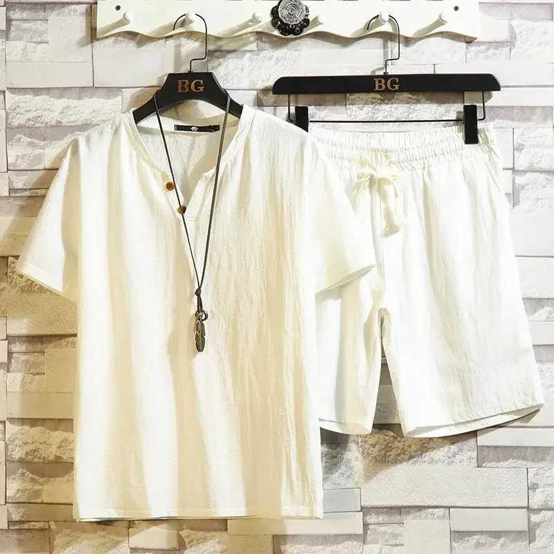 New Male Large Size Thin Set Cotton Linen Short-sleeved Shorts Suit Men Solid Color Trend Linen Leisure Sports Two-piece Summer T260924
