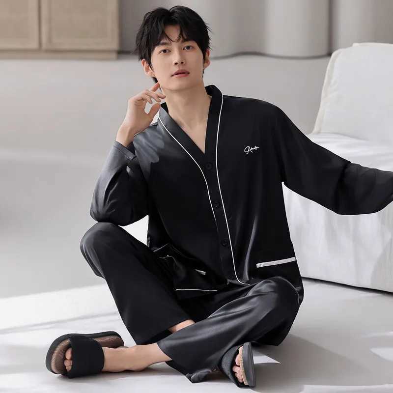 Lounge Women's Sleep 2026 New Mens Ice Silk Pajamas Long Sleeve Trouser Home Clothing Set Spring Large Size L-4XL Kimono Nightwear pyjamas menC