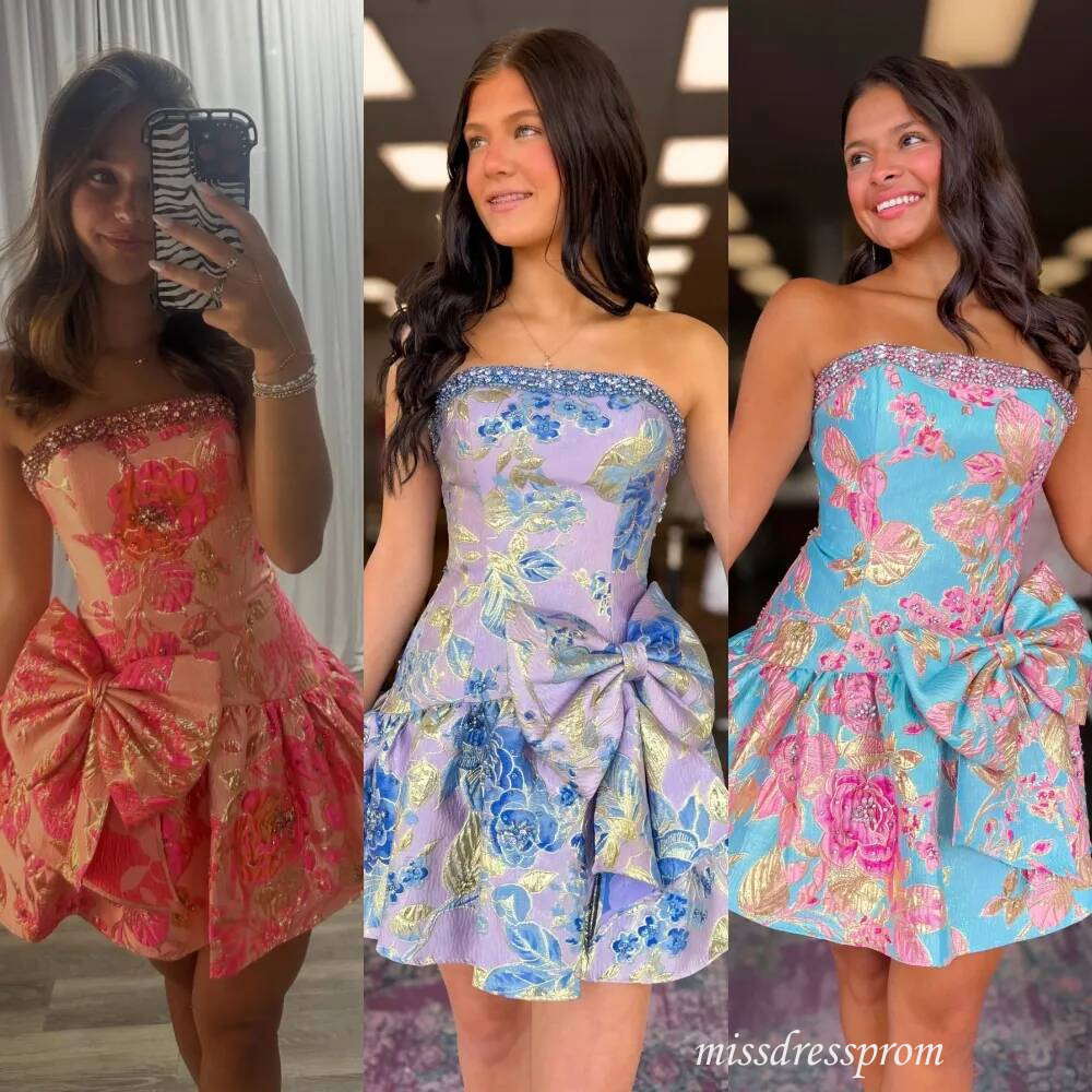 Floral Jacquard Hoco Dress Bow Brocade Pageant Interview Short Prom Cocktail Party Homecoming Court Gown Runway Gala Black Tie Drama Semi Formal Ban