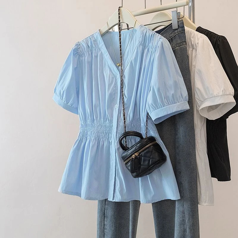 200 Pounds Plus Size Elastic Waist Office Lady Trend Shirt And Blouse Solid Color Top Women Clothing V-neck French Chic Basics 260921