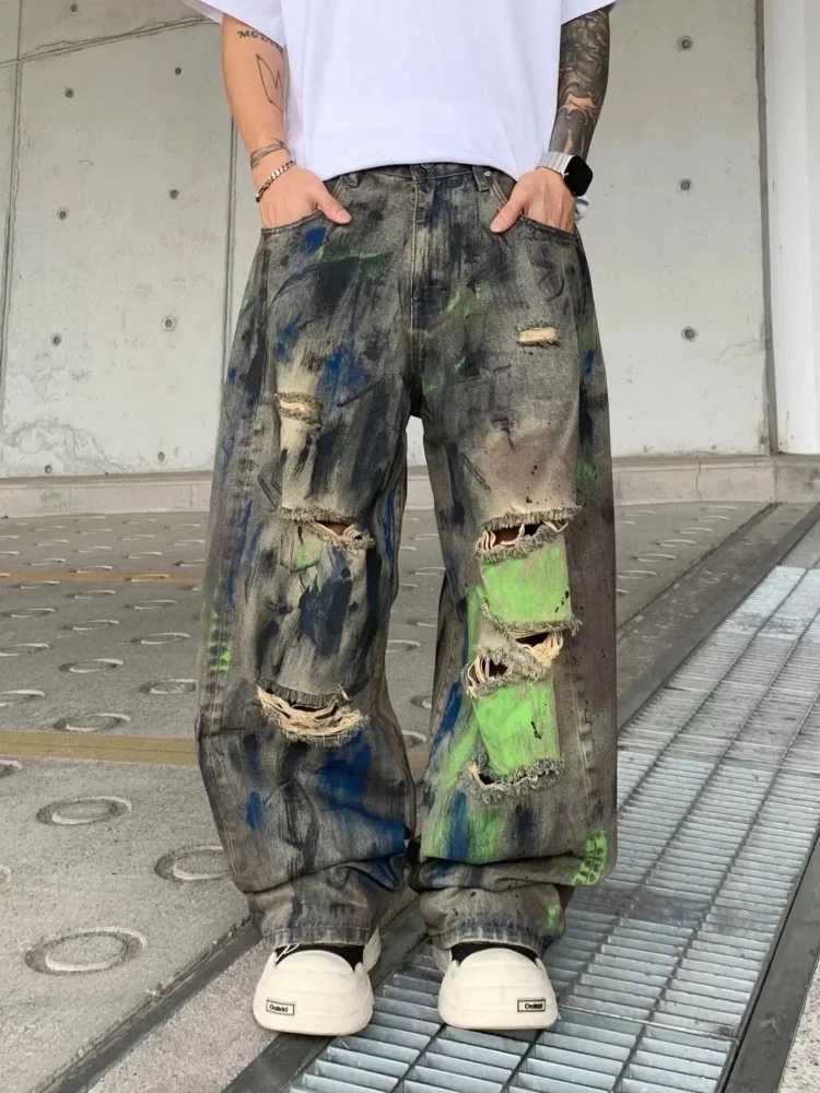 Men's Jeans 2026 American Retro Y2K Style Graffiti Baggy Ripped Jeans Pants For Men Clothing Wide Leg Distressed Loose Gothic Denim Trousers H2