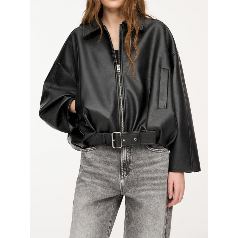 European and American Style Apparel Autumn Winter Vintage Coat, Women's Casual Faux Leather Bomber Jacket Top, Suitable for Cross-border Amazon