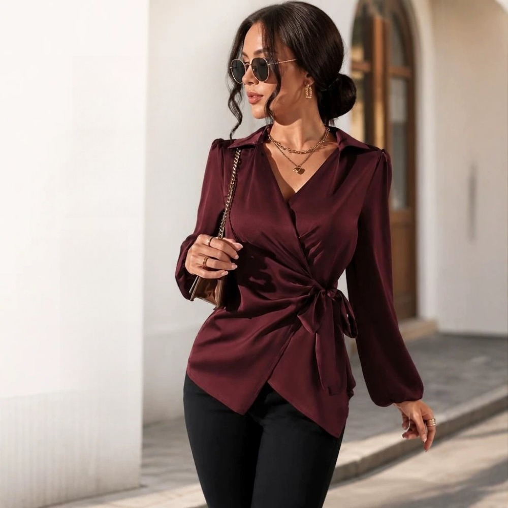 Women's Spring and Winter New Design Long Sleeved Shirt Lace Up Waist Shirt Top
