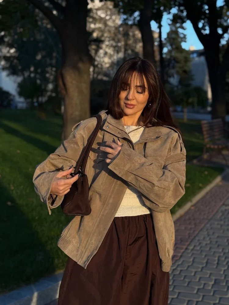 Chic Stand Collar Suede Jacket Retro Women's Long Sleeve Pockets Zipper Loose Bomber Jacket Autumn Lady High Street Outwear 260923