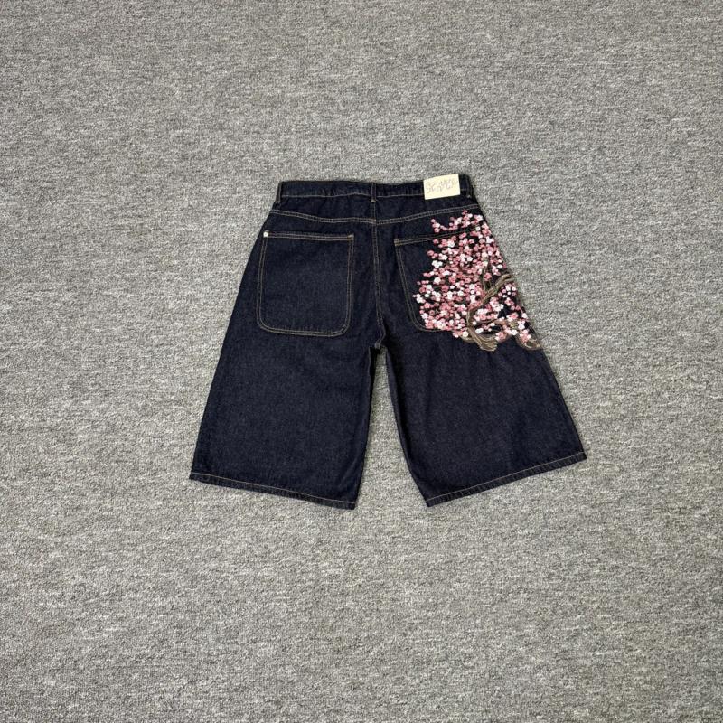 High Street Cherry Blossom Embroidery Washed Jeans Shorts For Men And Women Vintage Straight Casual Denim Oversized