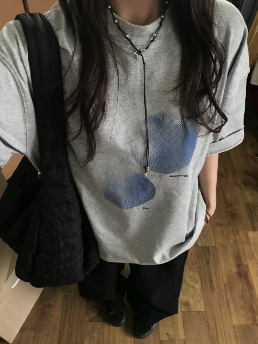 plus Size Sweet Cool American Fruit Grey Short Sleeve T-Shirt Summer Loose Casual Versatile round Neck Couple Tops INS