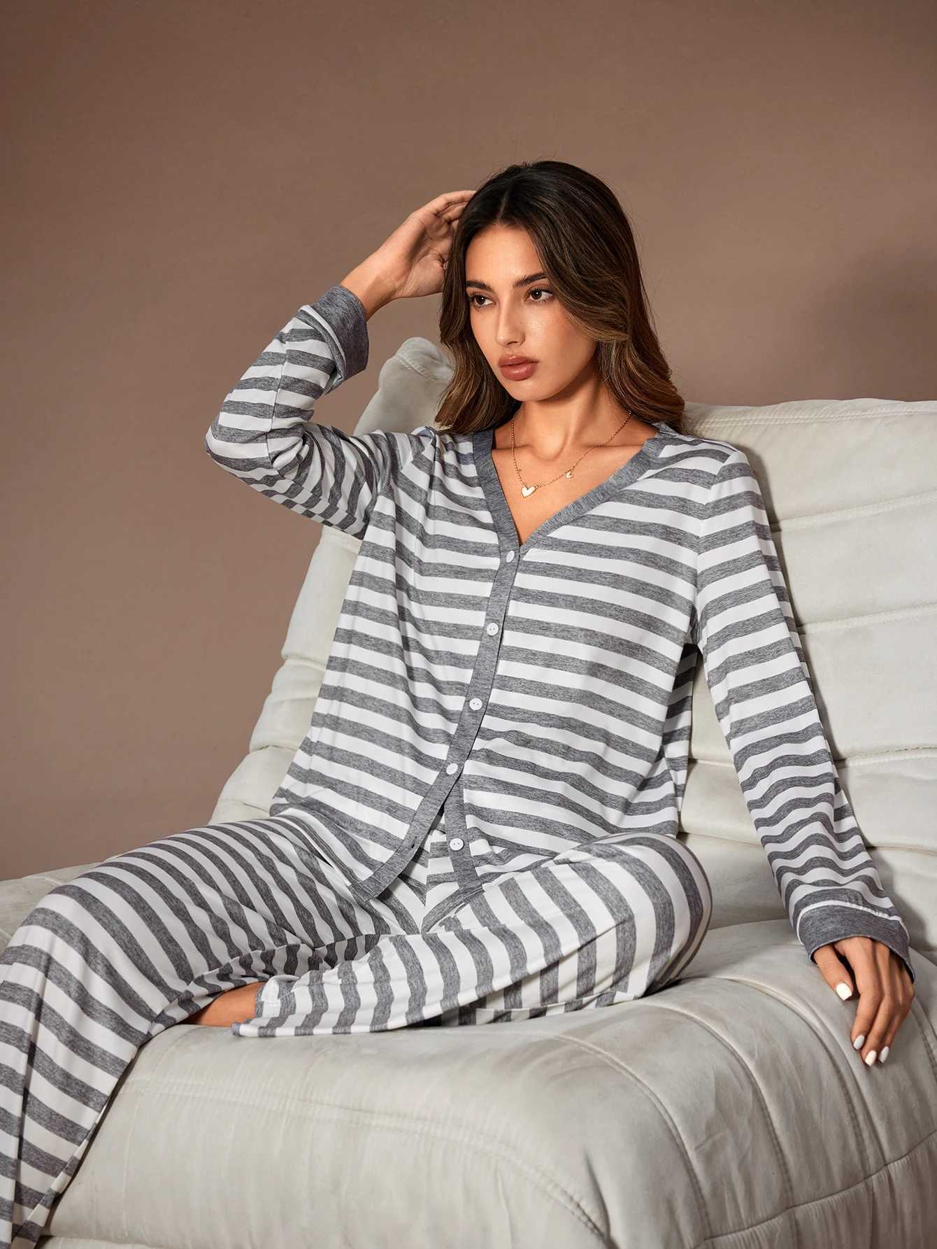 Women's Sleep Lounge Spring and Summer Women's Pajamas Classic Striped Simple Casual Loungewear Set H260924