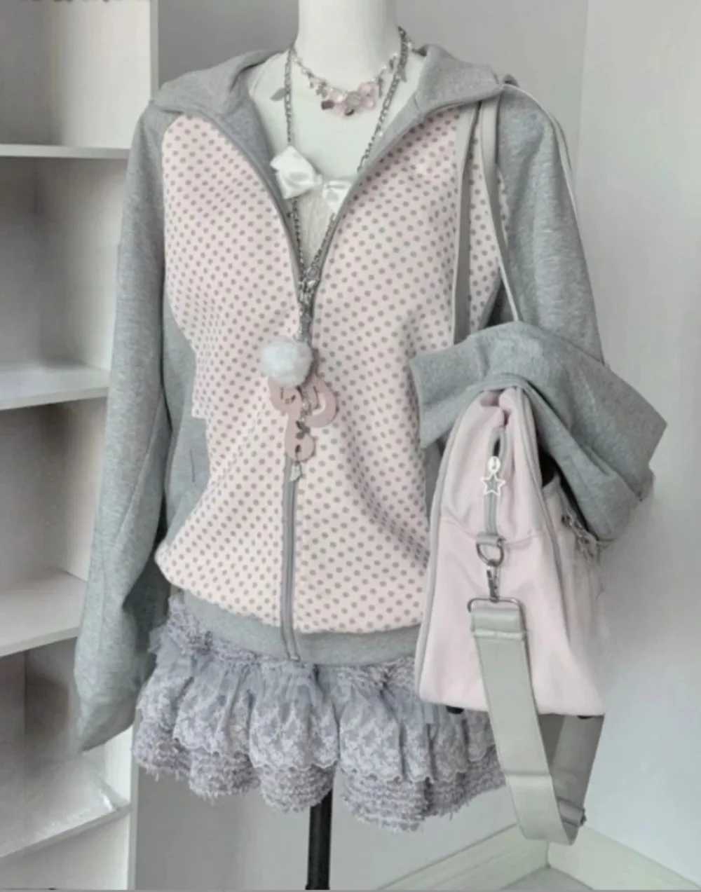 Japanese Polka Dot Patwork Hooded t Y2k Aesthetic Women Contrast Color Casual Loose Jkets Harajuku Autumn Zipper Jket T260923