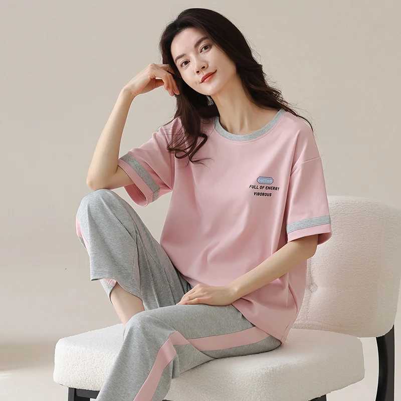 Pigiama da donna a maniche corte in cotone 100% da donna Pigiama estivo sottile da notte Pantalone lungo Abbigliamento da notte stile sportivo Ragaz