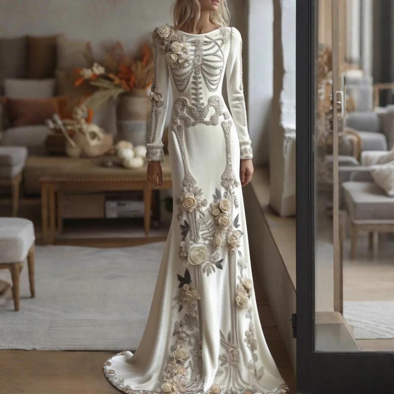Designer Style Nouvelle Arrivée Haute Qualité Halloween Femmes À Manches Longues 3D Imprimer Maxi Robe Col Rond Slim Fit Cosplay Costume De Fête